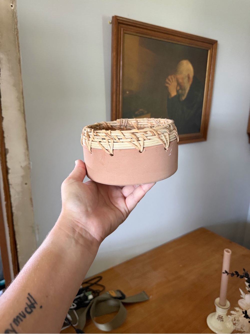 Ashland Pink Terracotta Bowl with Woven Natural Rim